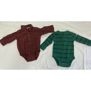 OshKosh B'gosh Boys Size 12M Plaid & Green Shirt One-Piece Long Sleeve Lot Of 2